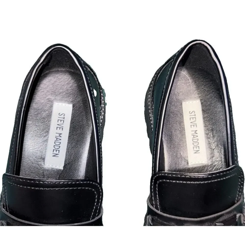 Steve Madden women’s Black Faux Leather Loafer Dress Shoes Lug Sole Size 9